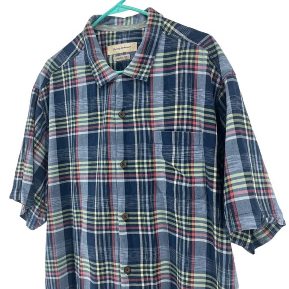 Tommy Bahama Mens Silk Plaid Button Down Short Sleeve Shirt Blue Green XL 10630